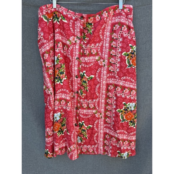 LC Lauren Conrad 2X Floral Button Front A-Line Midi Skirt Dk Pink Linen Pockets - Picture 2 of 8
